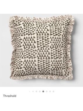 Threshold 18” Square Olive Block Print Reversible Pillow with ruffled edges